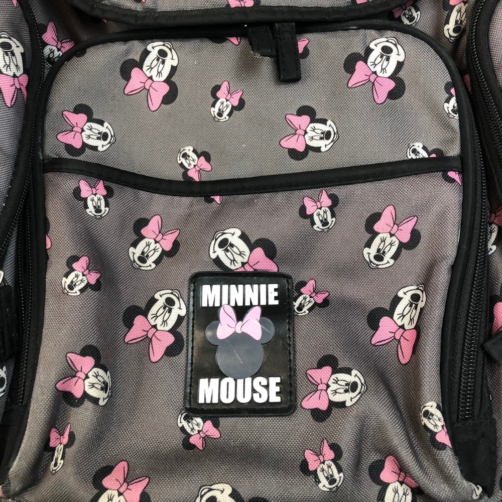 Disney Minnie Mouse Diaper Bag Backpack Grey Pink Bow Print Multi Pocket - Picture 2 of 7
